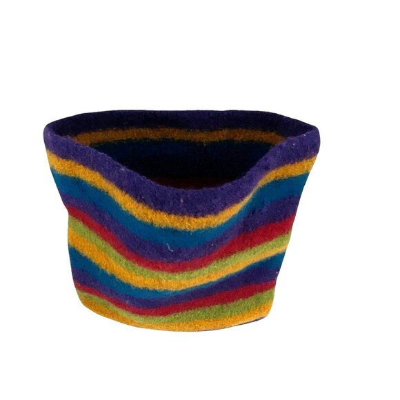 Handcrafted Multicolor Striped Wool Felt Basket Bag Colorful Felted - Picture 2 of 8